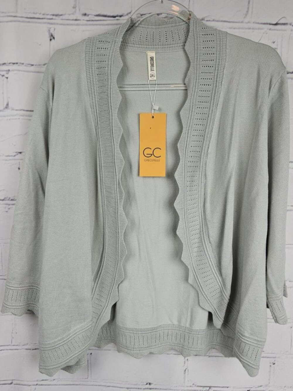 Grecerele 2XL Light Green Gray Scalloped Edge Open Cardigan Sweater Viscose